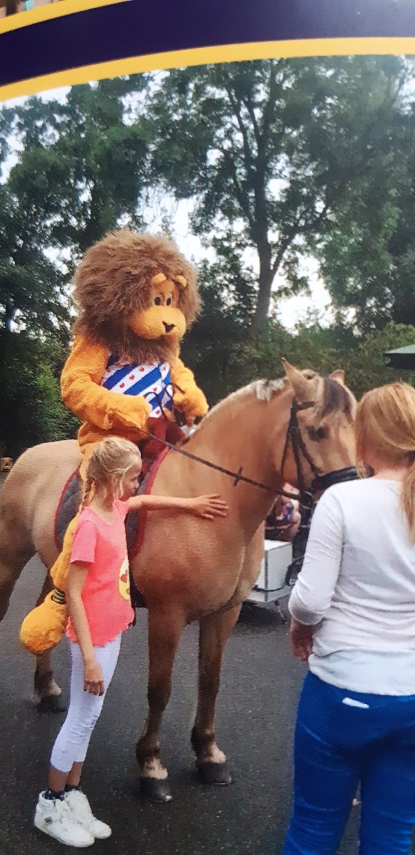 Clown Marco als leeuw met Friese vlag shirt op paard